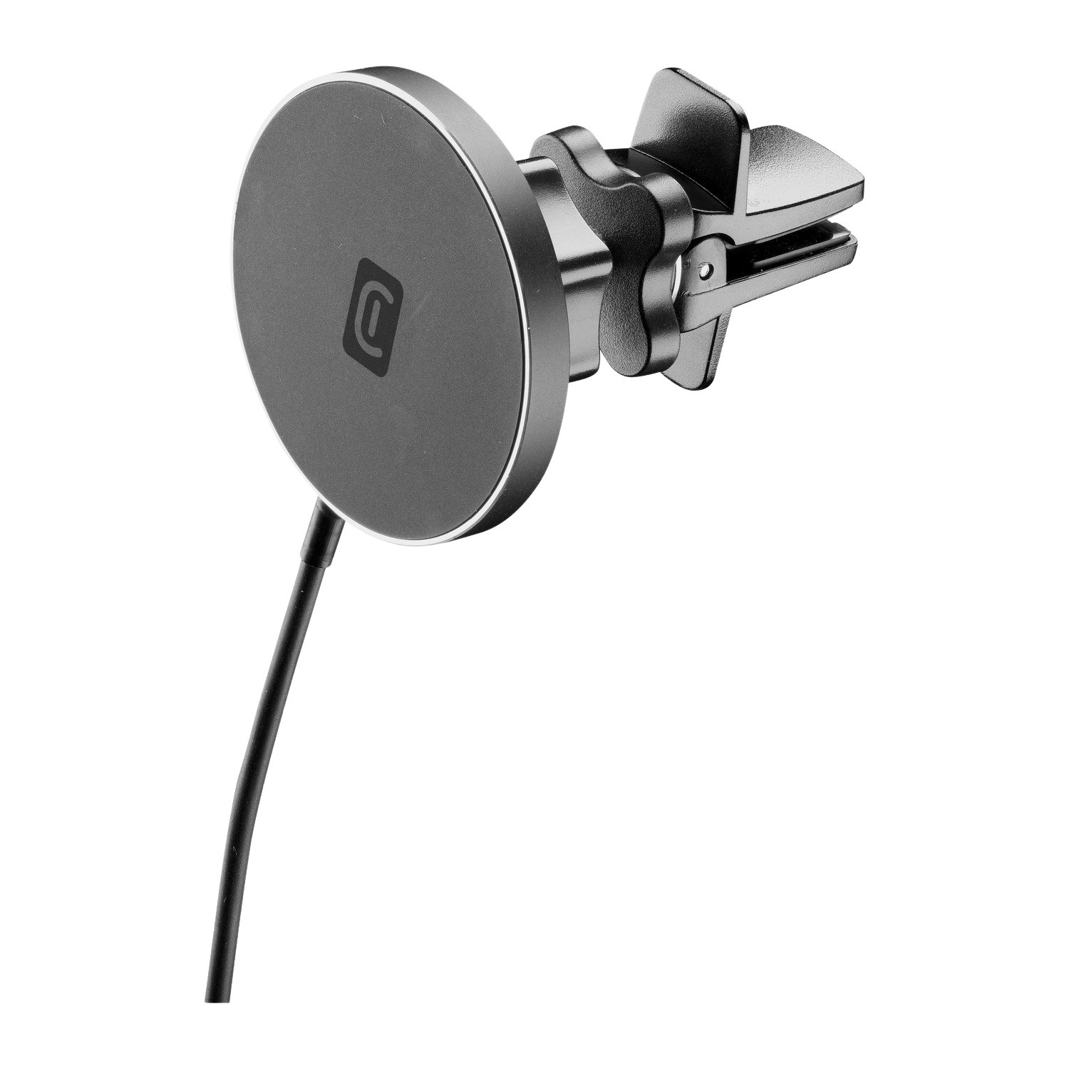 Zwarte telefoonhouder voor ventilatierooster. Ronde magnetische pad met logo.
