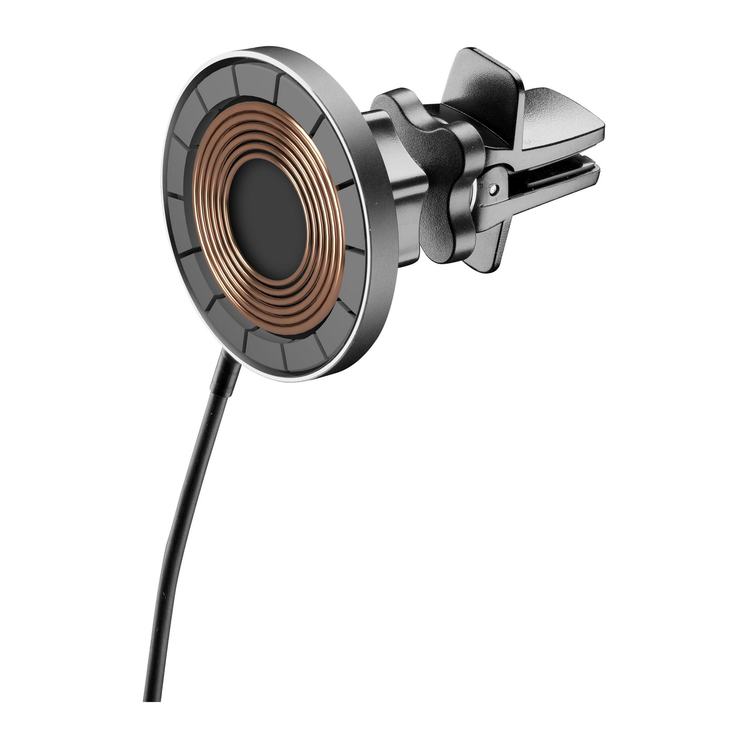 Een ventilatiemount voor in de auto met een ronde draadloze oplaadpad en een zwarte kabel.