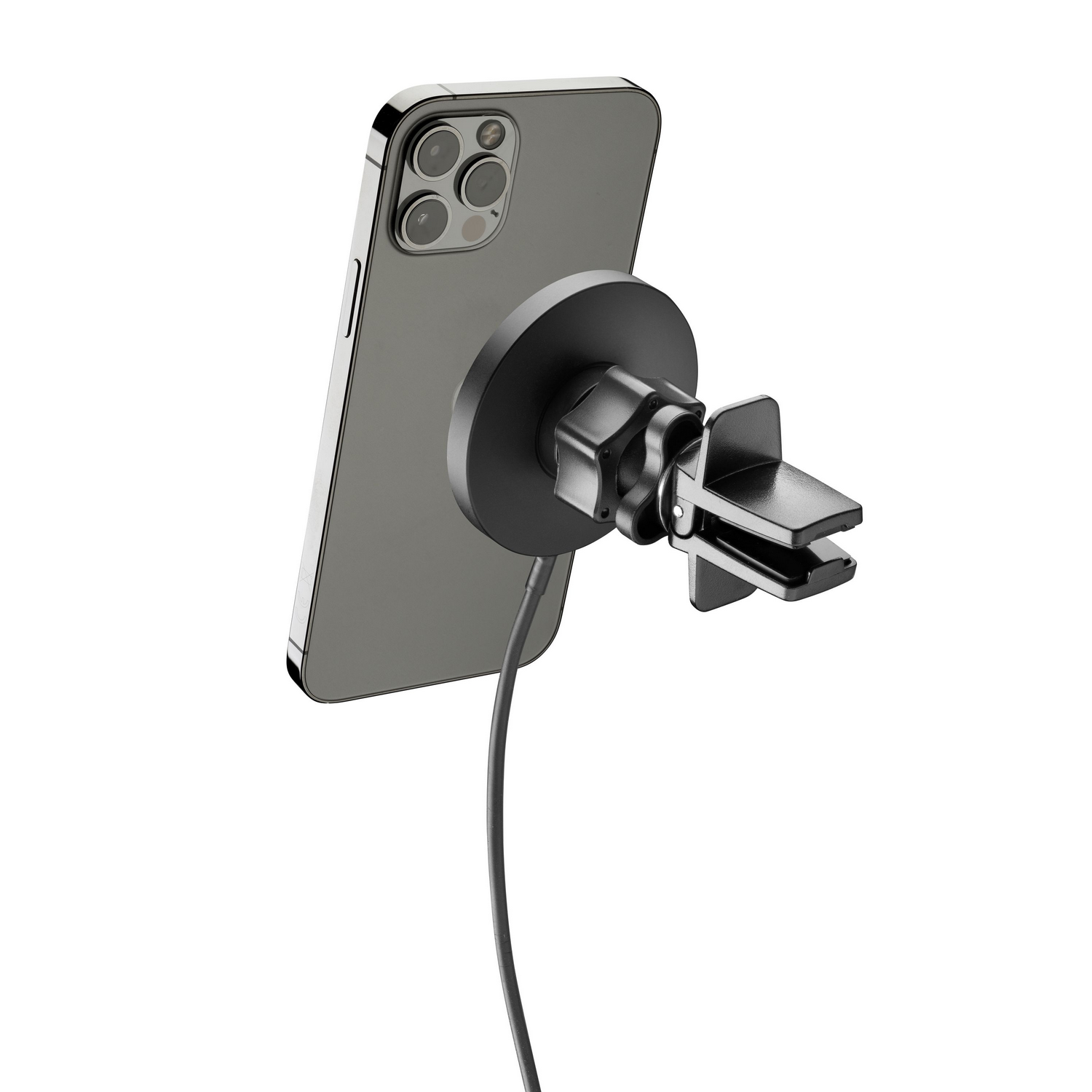 Een zwarte telefoon bevestigd aan een telefoonhouder met een oplaadkabel.