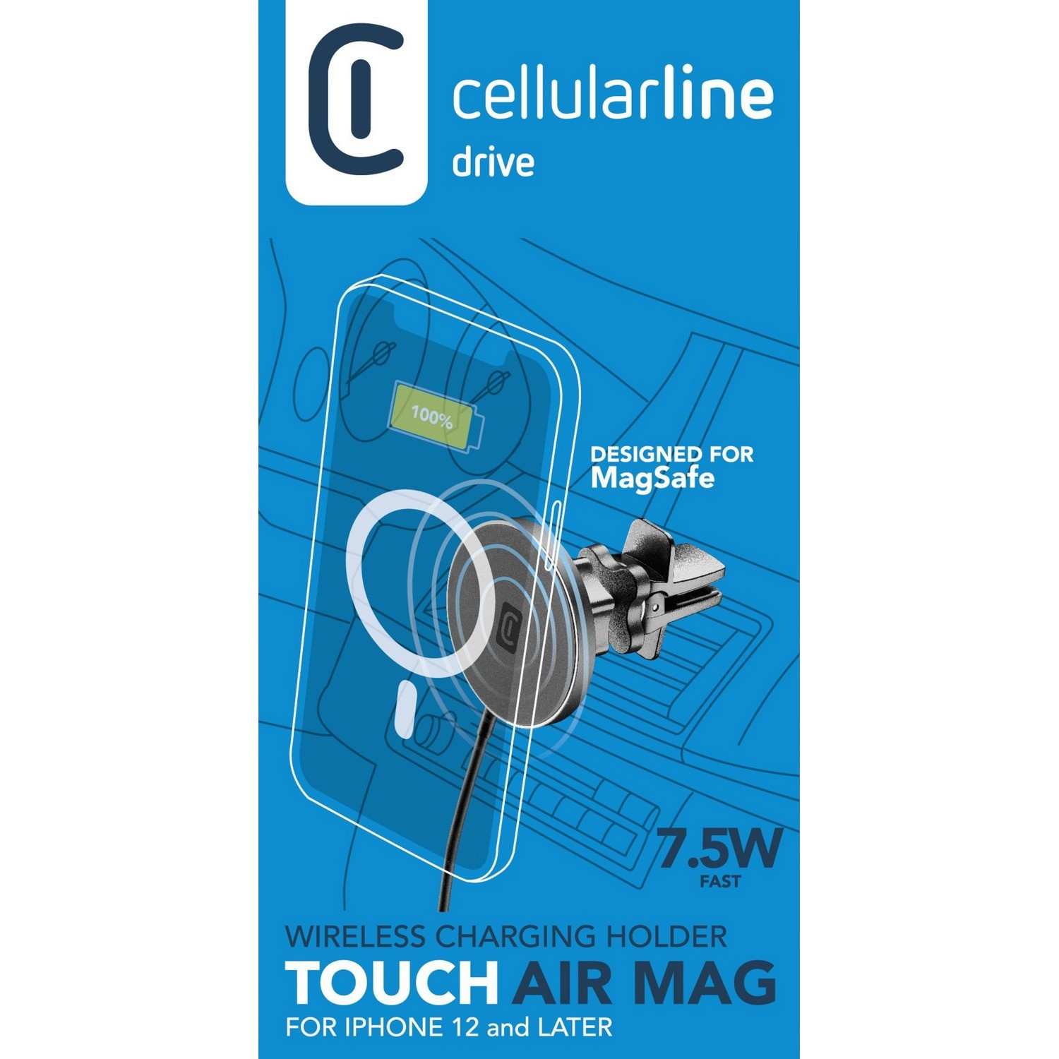 Draadloze oplaadhouderbox. Het toont de houder en een telefoon met 100% lading.
