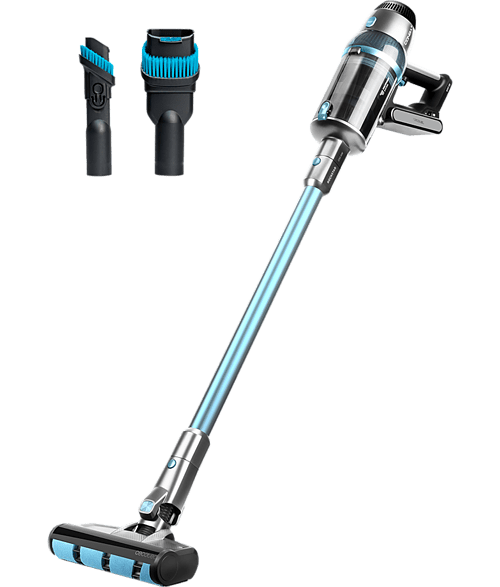 Aspiradora inalámbrica con accesorios. Azul y plata. Se incluyen cepillos negros y azules.