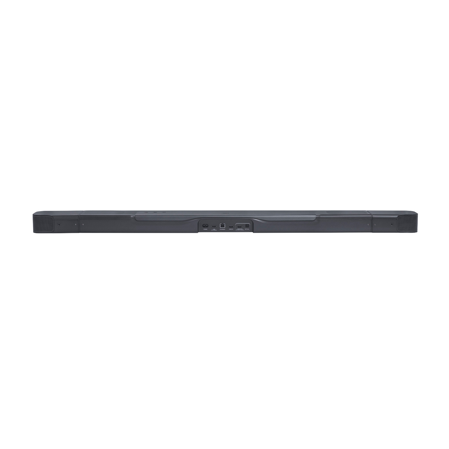 Soundbar grigio scuro con porte, vista da dietro, su sfondo bianco.