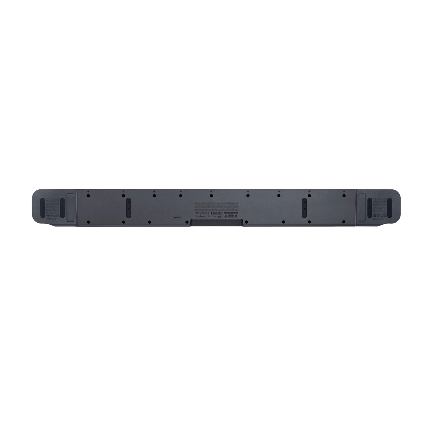 Soundbar nera, vista inferiore, con porte di connessione.