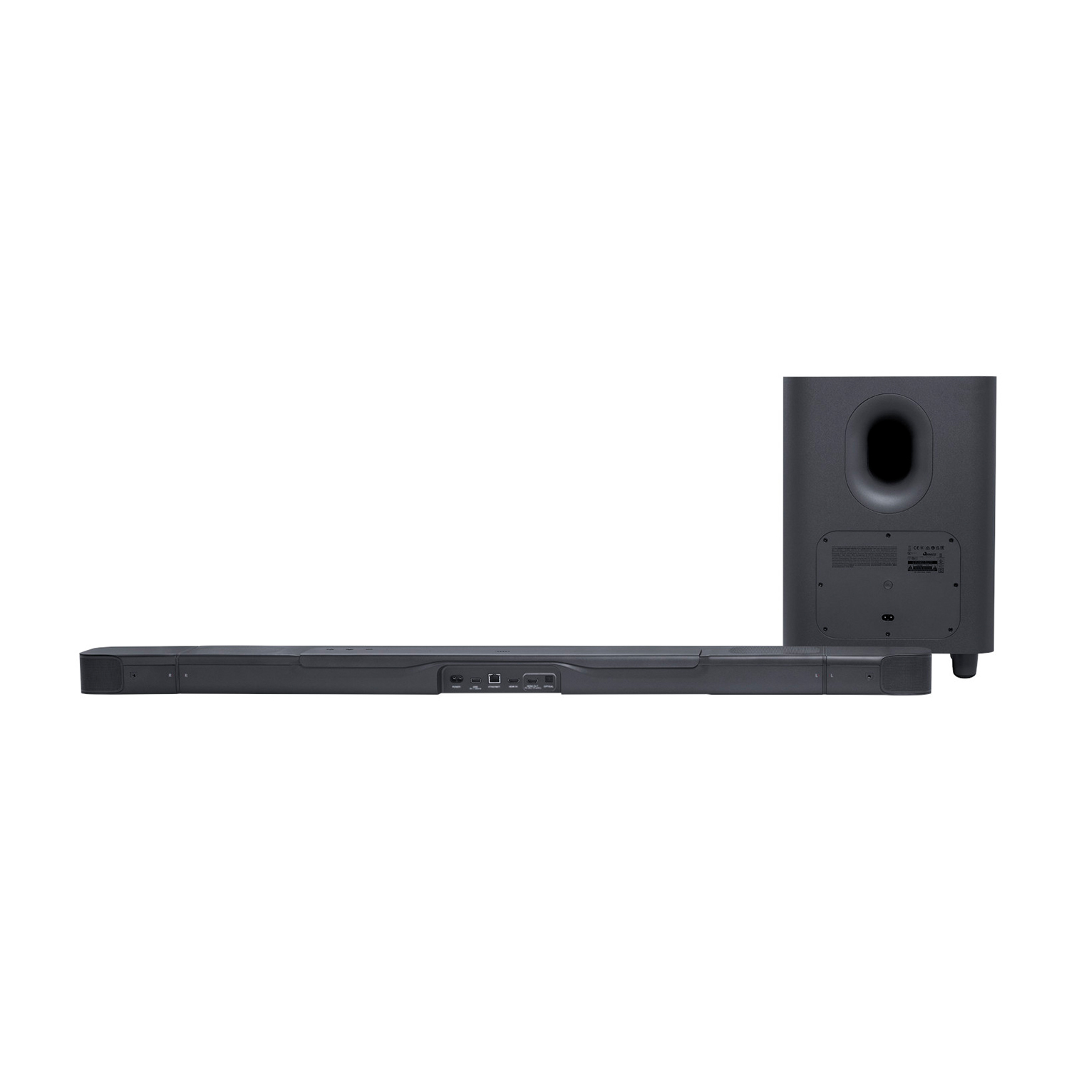 Una soundbar e un subwoofer grigio scuro. La soundbar è sul pavimento, il subwoofer è in posizione verticale.