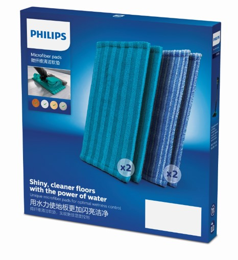 Philips mikrofiber ped kutusu. Üç ped görünür, her birinden iki tane, mavi tonlarda. Çok dilli metin.