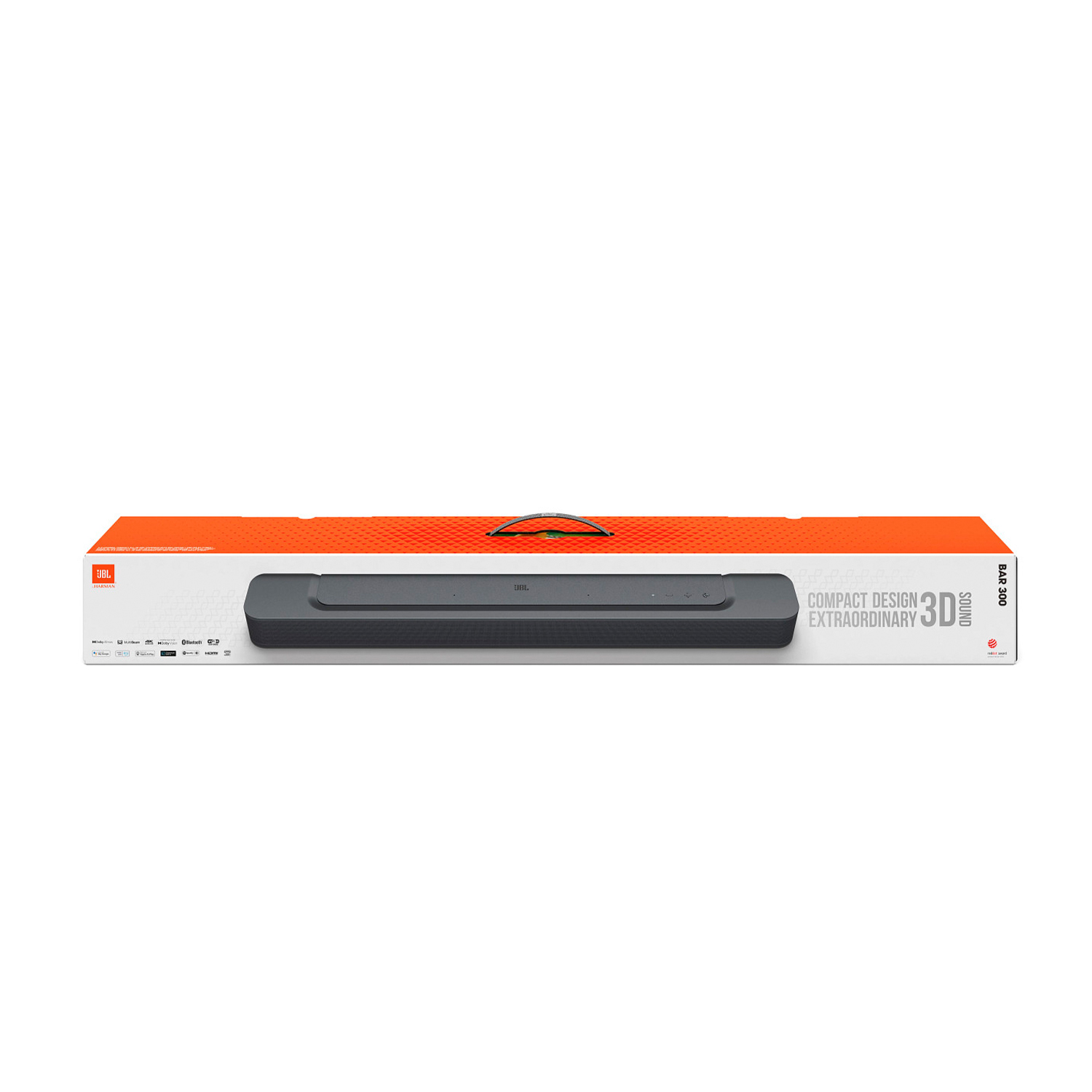 Soundbar JBL nella sua scatola arancione. C'è il nome del marchio in alto.