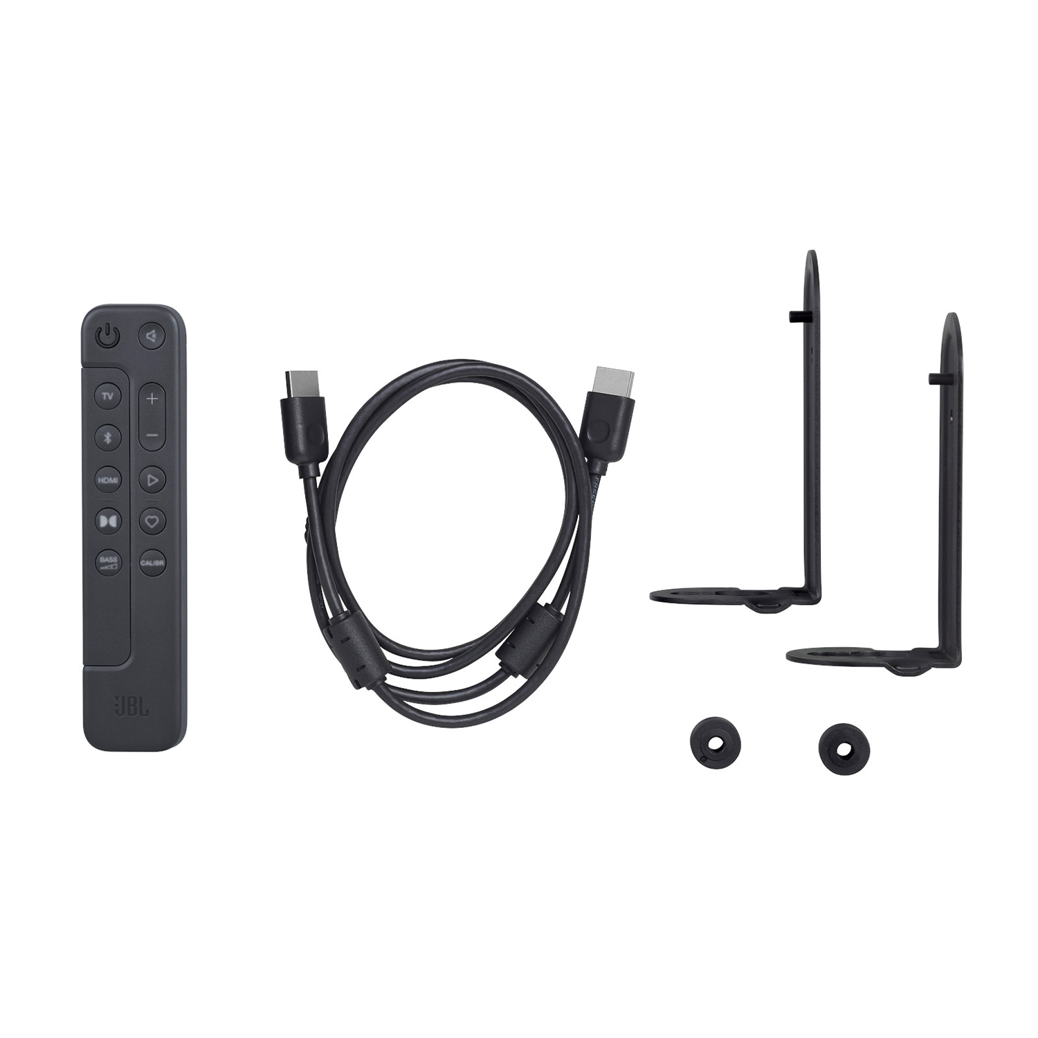 Accessori soundbar JBL: telecomando, cavi e staffe su sfondo bianco.