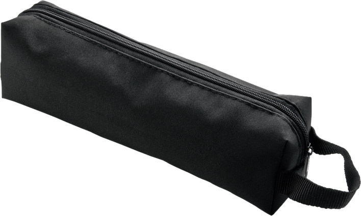 Une trousse noire zippée avec une poignée sur le côté.