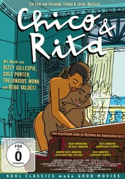 DVD-Cover für 'Chico & Rita'. Animiertes Paar umarmt sich, auf einem Klavier.
