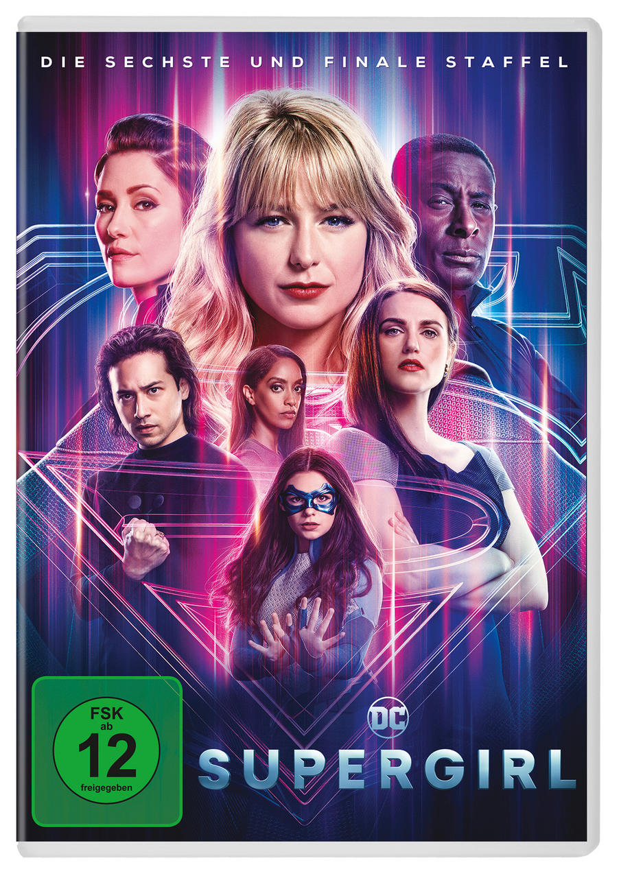 Supergirl DVD-Cover, Gruppe von Schauspielern, leuchtende Farben.
