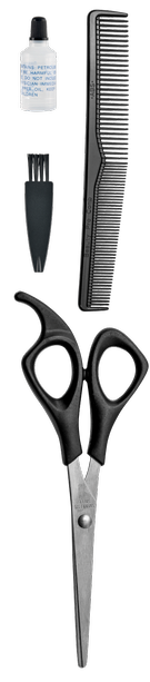 Outils de coiffure : ciseaux, peigne, tondeuse et flacon d'huile sur fond noir.