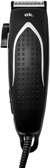 Tondeuse à cheveux électrique noire et argentée, avec un cordon noir.