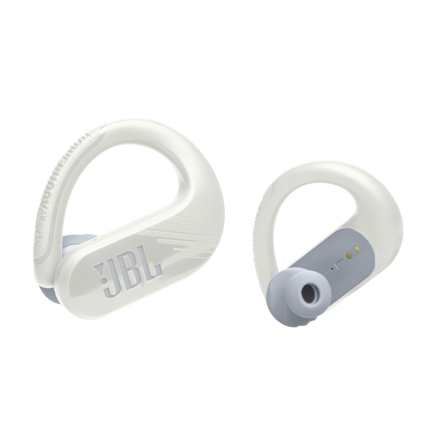 Auricolari wireless JBL bianchi. Il design include ganci e accenti grigi.