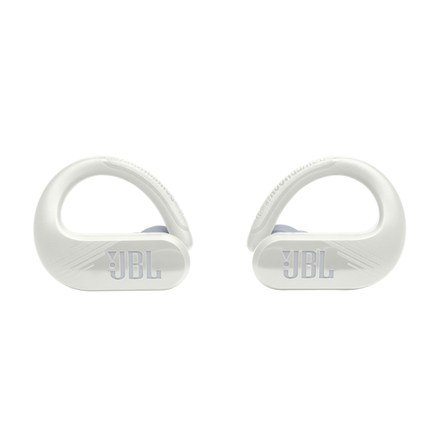 Due auricolari wireless JBL bianchi con ganci per l'orecchio, su sfondo bianco.