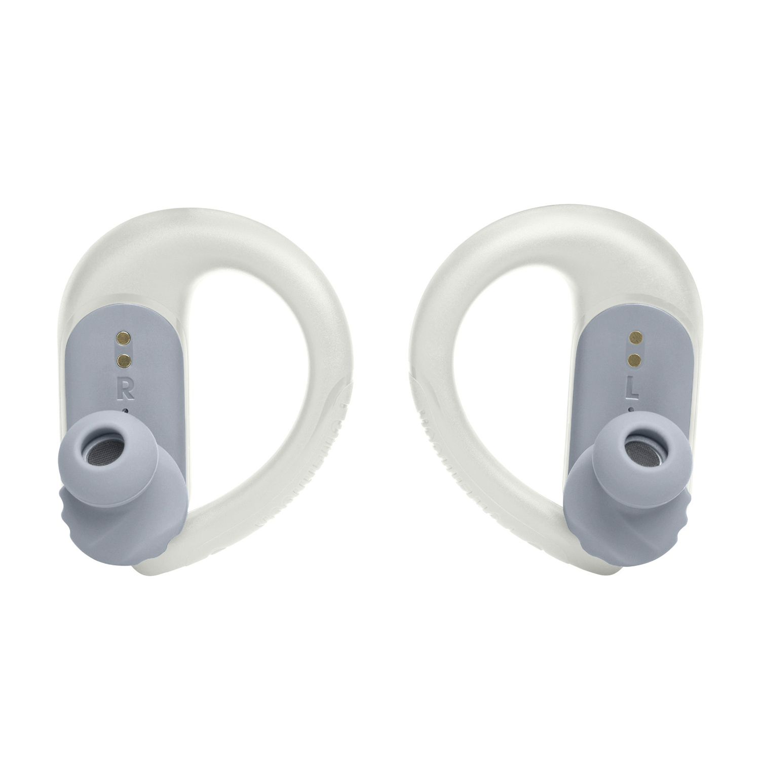 Due auricolari wireless. Gli auricolari sono grigio chiaro e hanno un gancio bianco.