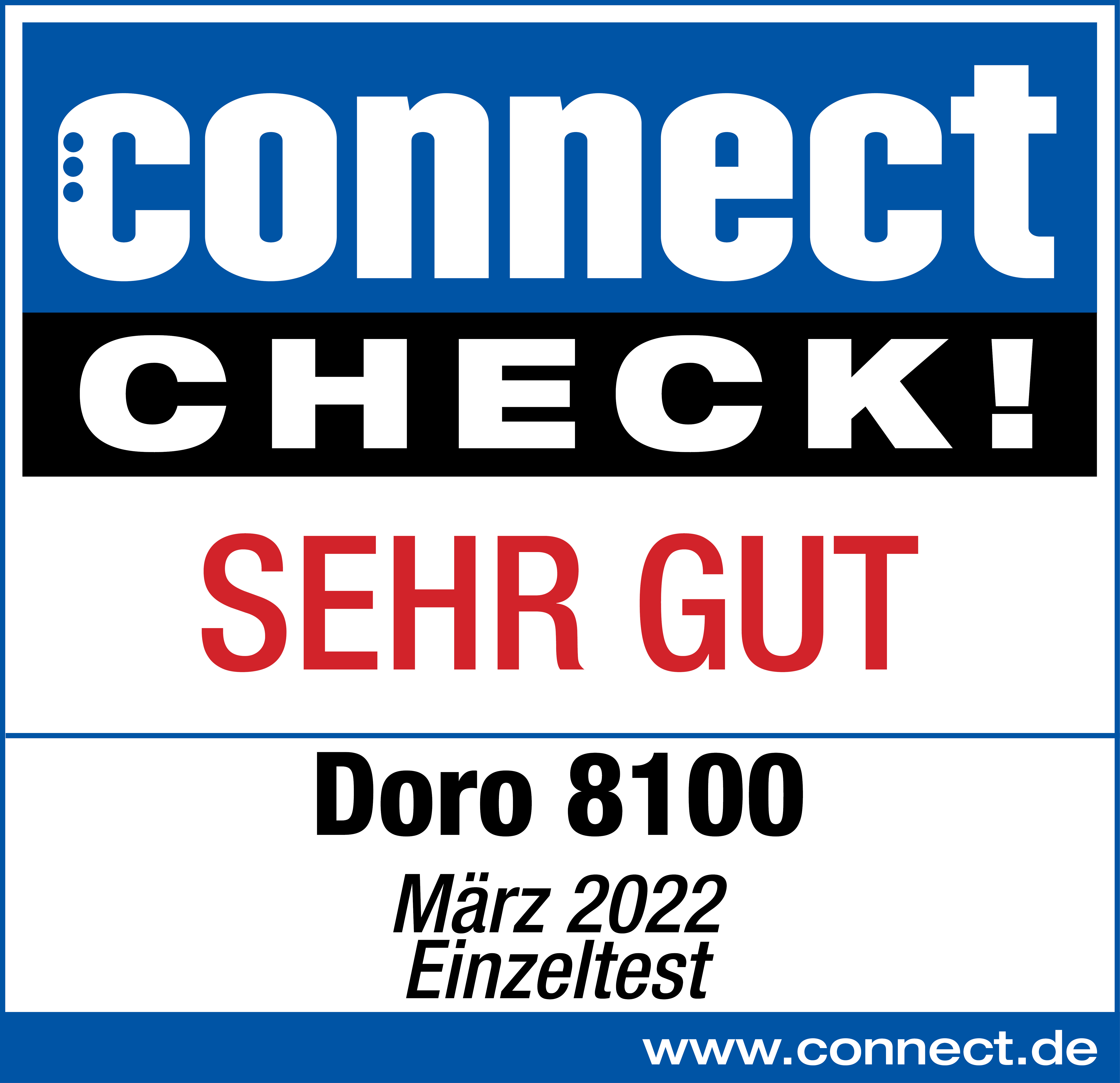 Connect Check mit Text 'SEHR GUT' und 'Doro 8100', März 2022.