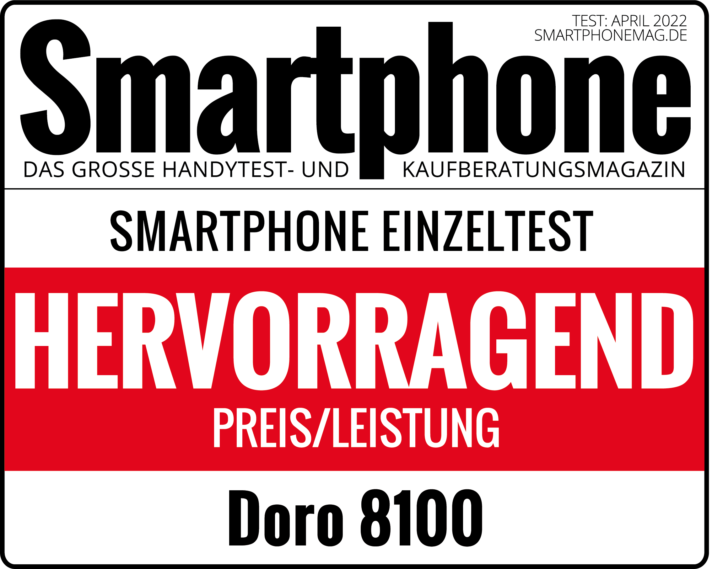 Smartphone Magazin mit Text 'HERVORRAGEND', 'Doro 8100'.