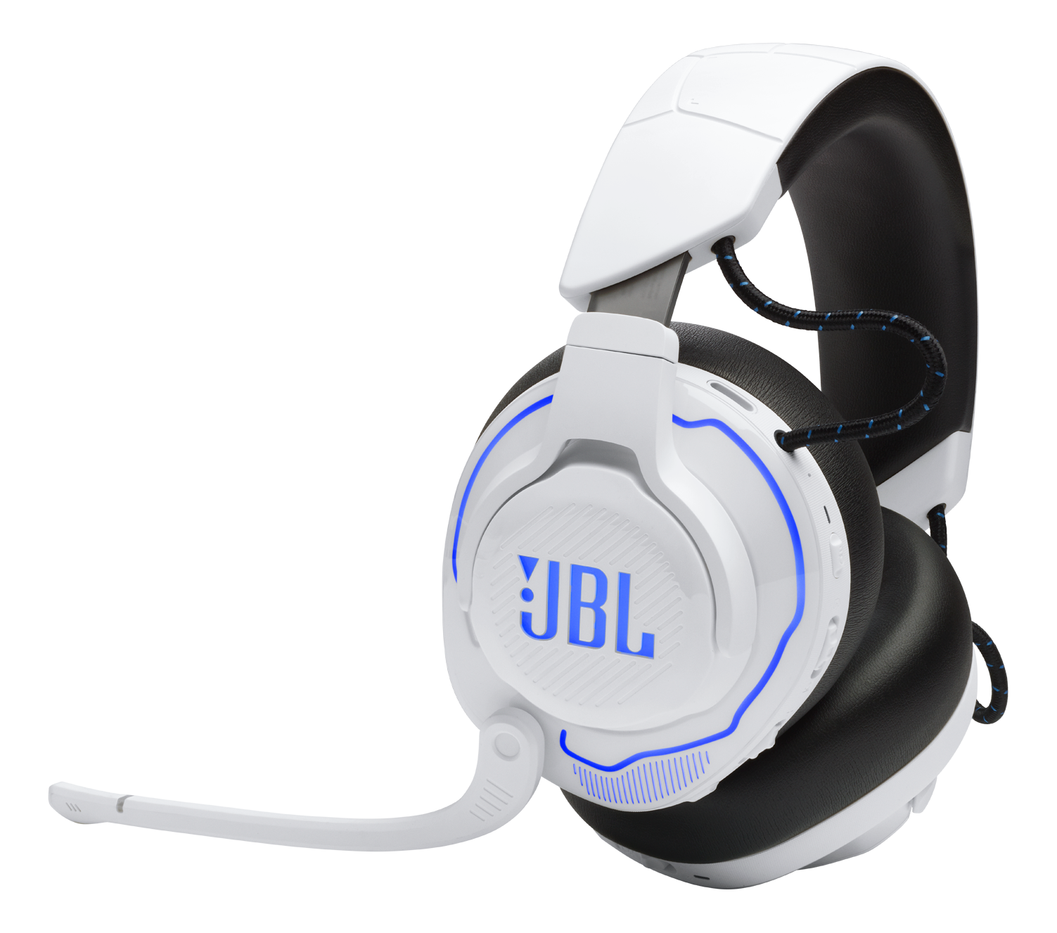 Weißes JBL Gaming-Headset mit blauen Akzenten, Mikrofon und schwarzem Kabel.