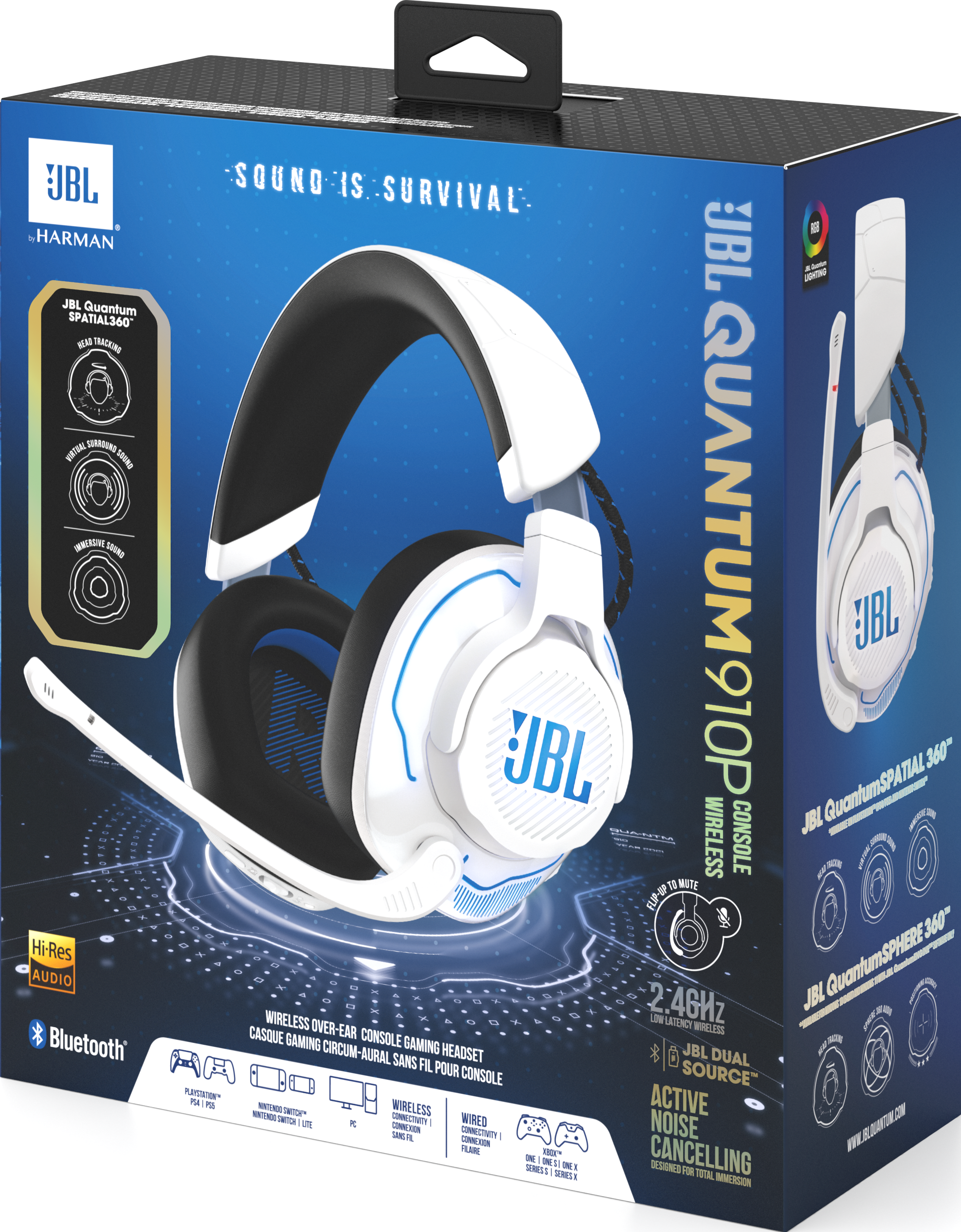 Eine Schachtel mit einem drahtlosen JBL Quantum 910P Gaming-Headset wird mit mehreren Funktionen angezeigt.