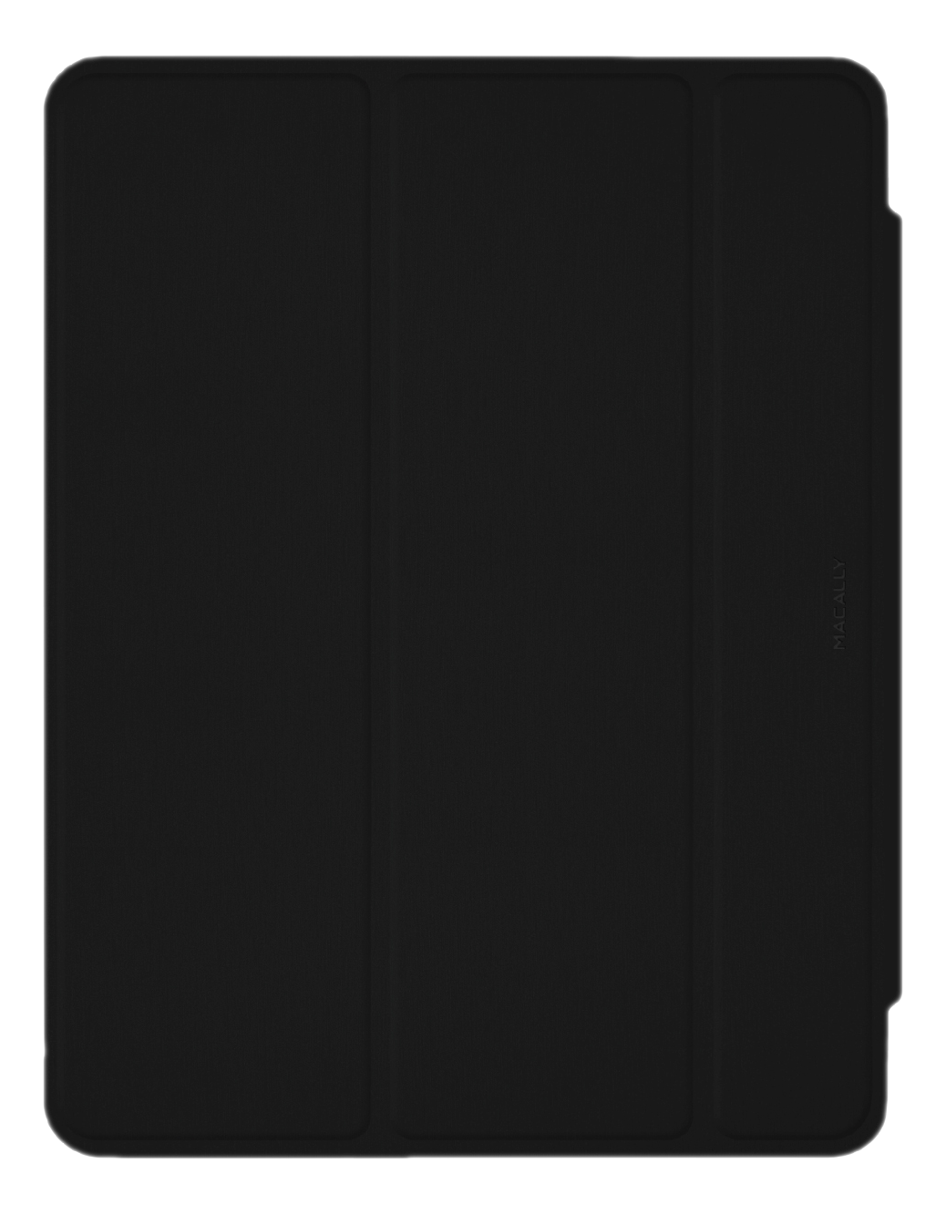 Schwarze Tablet-Hülle, geschlossen. Die Hülle ist glatt und rechteckig, mit leicht reflektierender Oberfläche.
