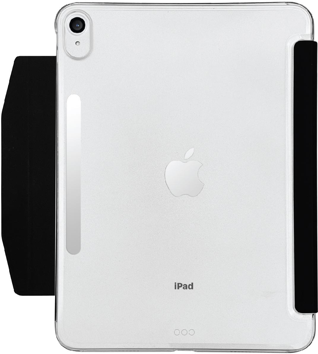 Rückseite eines iPads mit einer transparenten Hülle und einer schwarzen Klappe.