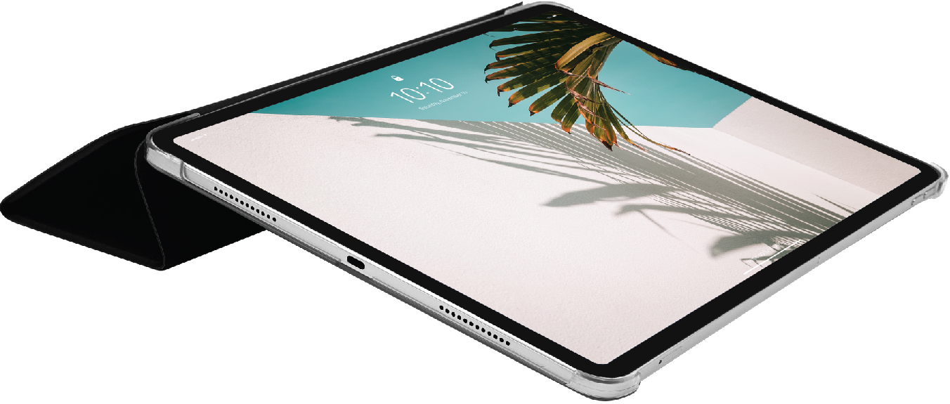 Tablet mit Hülle, Bildschirm zeigt eine Strandszene und die Uhrzeit 10:10.