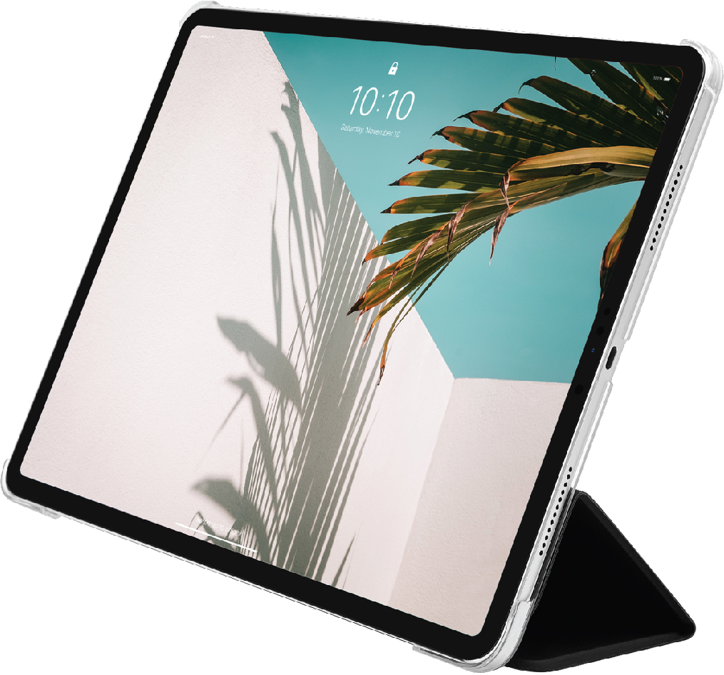 Weißes iPad mit Hülle, Strandansicht. Die Hülle ist gefaltet.
