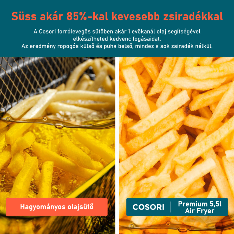 Hagyományos és levegőben sült sült krumpli összehasonlítása. A levegőben sült sült krumpli jobbra van.