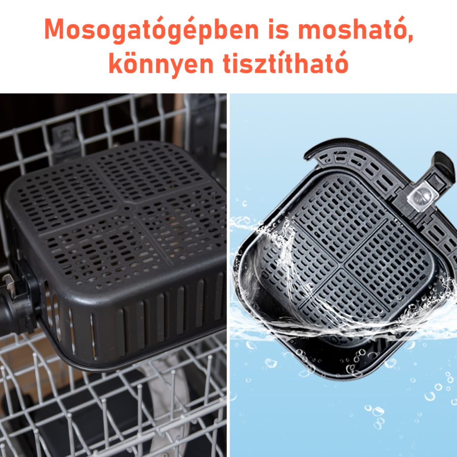 Két kép: fritőz kosár mosogatógépben és tiszta kosár vízzel, a könnyű tisztítást mutatva.