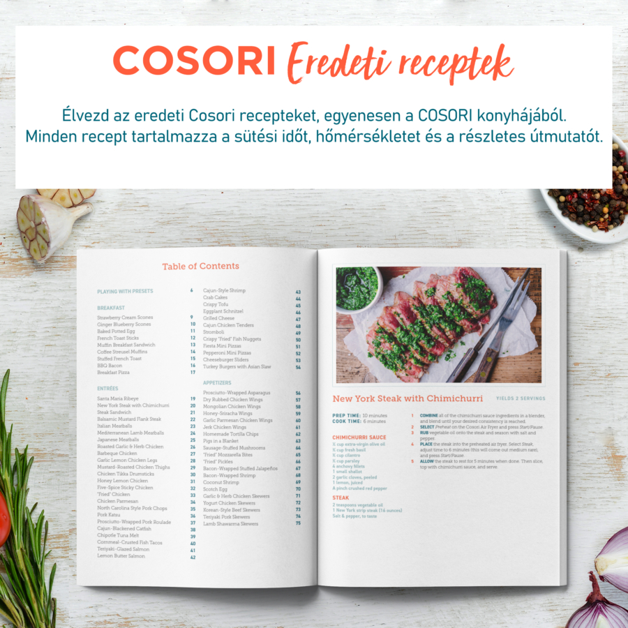 Nyomtatott receptoldal szöveggel és képekkel. Különböző ételek receptjeit tartalmazza, hozzávalókkal és utasításokkal.