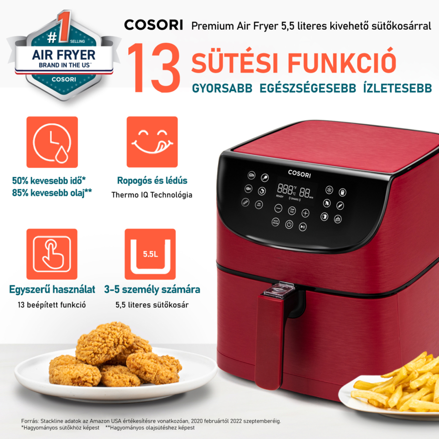 Piros légkeveréses sütő, vezérlőpanellel, szöveggel és sült ételekkel. 13 sütési funkció.