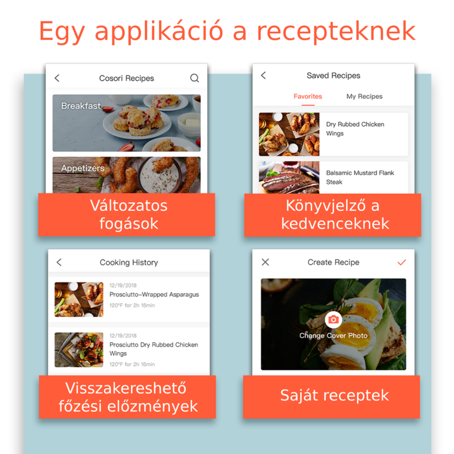 Egy alkalmazás képernyőképei. Ételreceptek és főzési előzmények láthatók.
