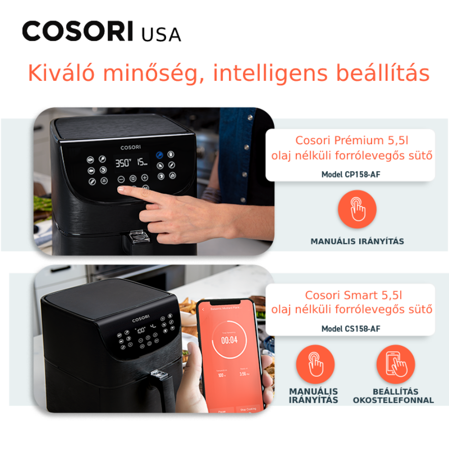 Két Cosori légkeveréses sütő, egy fekete érintőképernyővel és egy másik fekete kijelzővel.