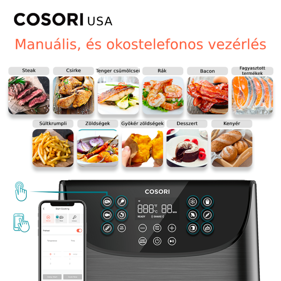 Cosori légkeveréses sütő vezérlőpanelje és ételképek: steak, csirke, tenger gyümölcsei stb.