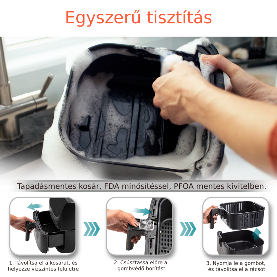 Személy légkeveréses sütő kosarat tisztít, szétszedési lépésekkel.