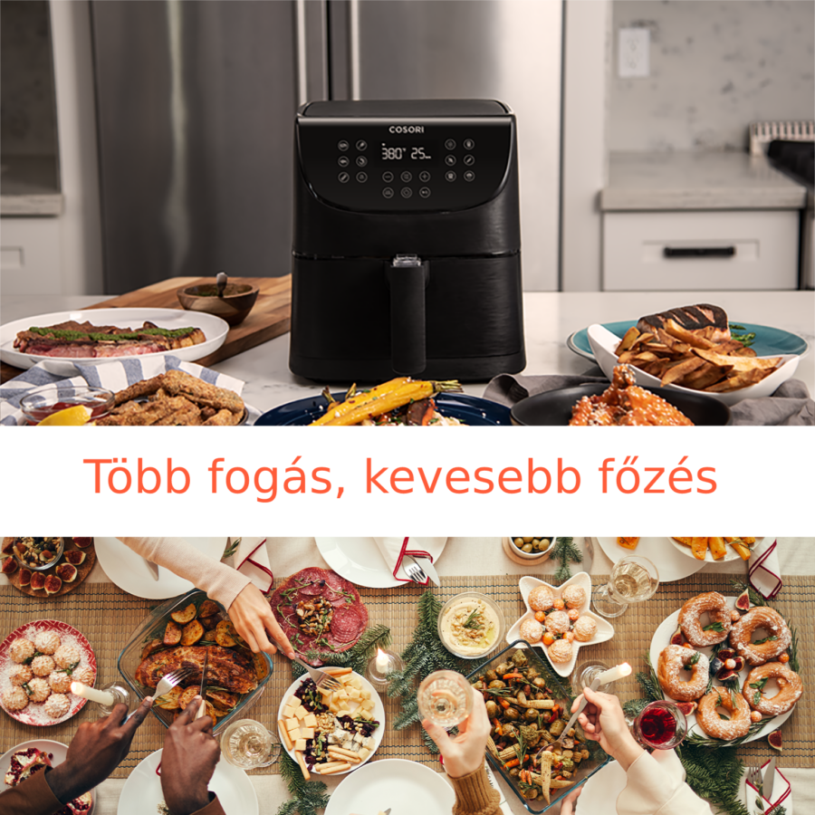 Levegősütő és egy asztal tele étellel. Az emberek esznek és jól érzik magukat.