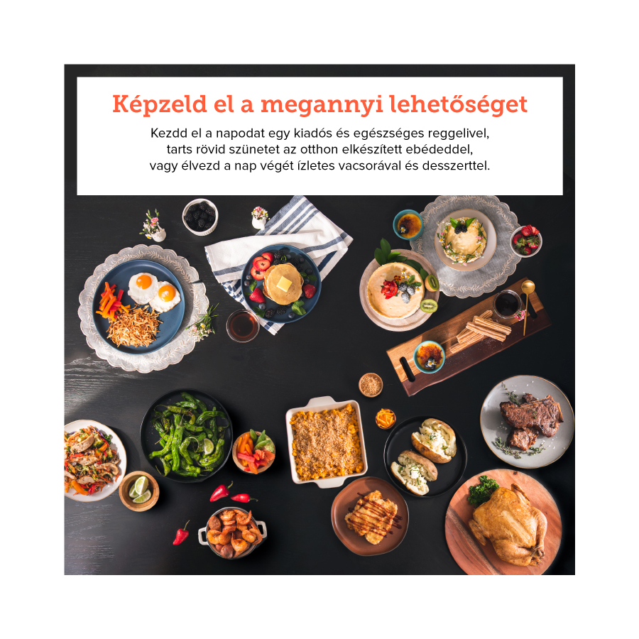 Egy asztal különféle reggeli és vacsora ételekkel, beleértve a palacsintát és a csirkét.
