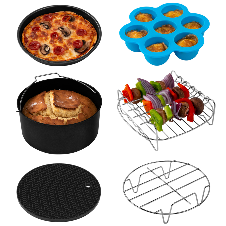 Különféle főzési cikkek: pizza, tojásmuffin, nyársak, sütemény és két rács.