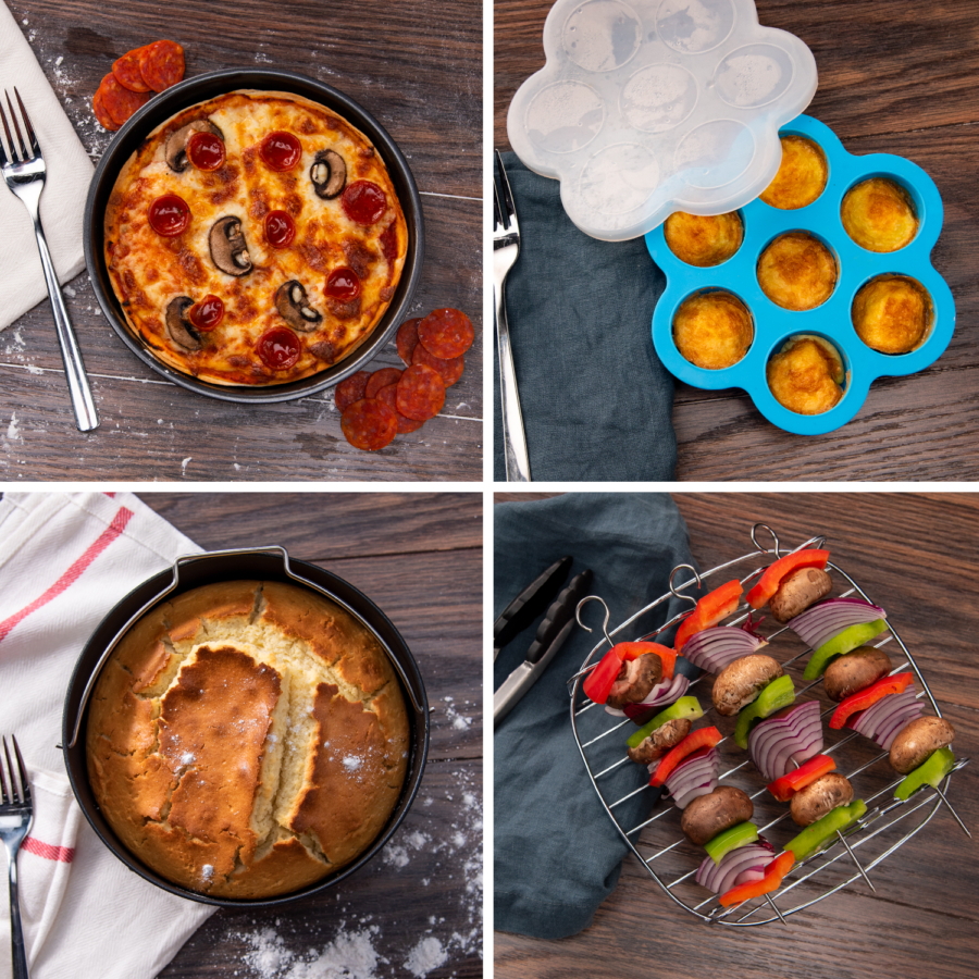 Négy ételkép. Pizza, muffinok és nyársak fa felületen.
