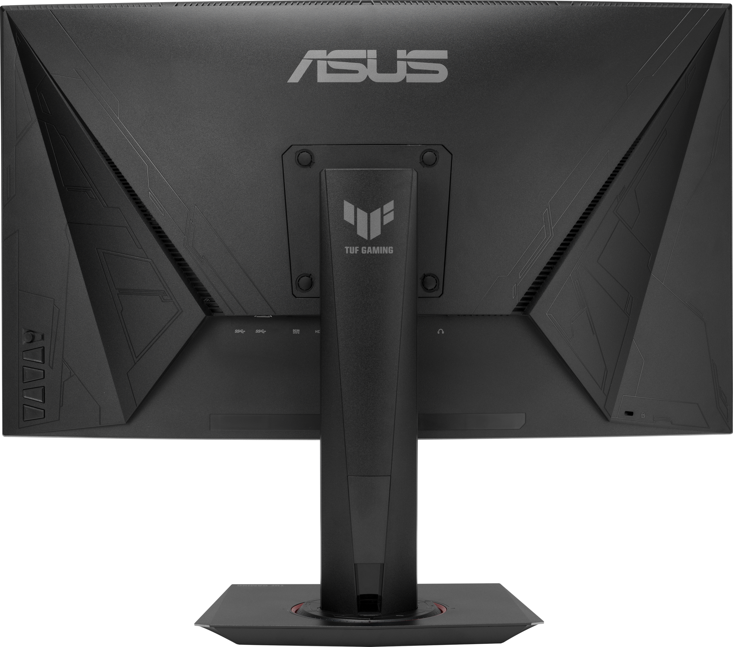 Rückseite eines ASUS-Gaming-Monitors mit Anschlüssen, Ständer und ASUS TUF-Logo.
