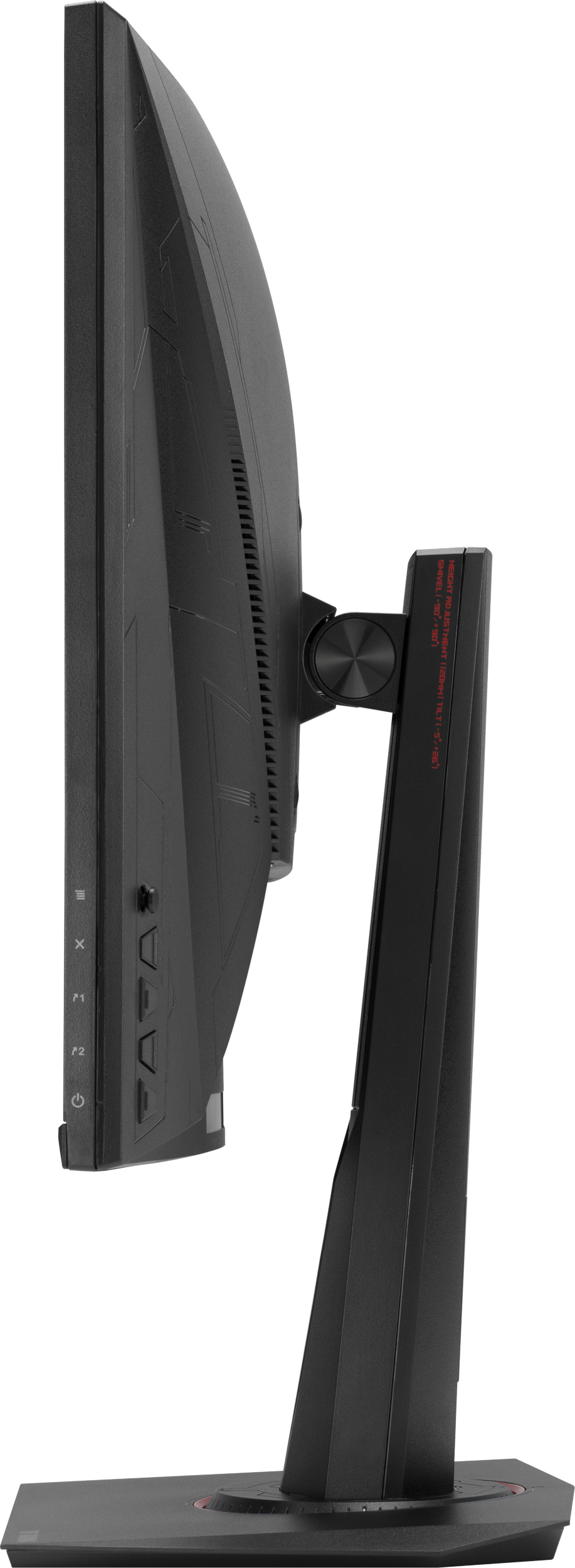 Seitenansicht eines schwarzen Gaming-Monitors mit rotem Akzent auf schwarzem Ständer.