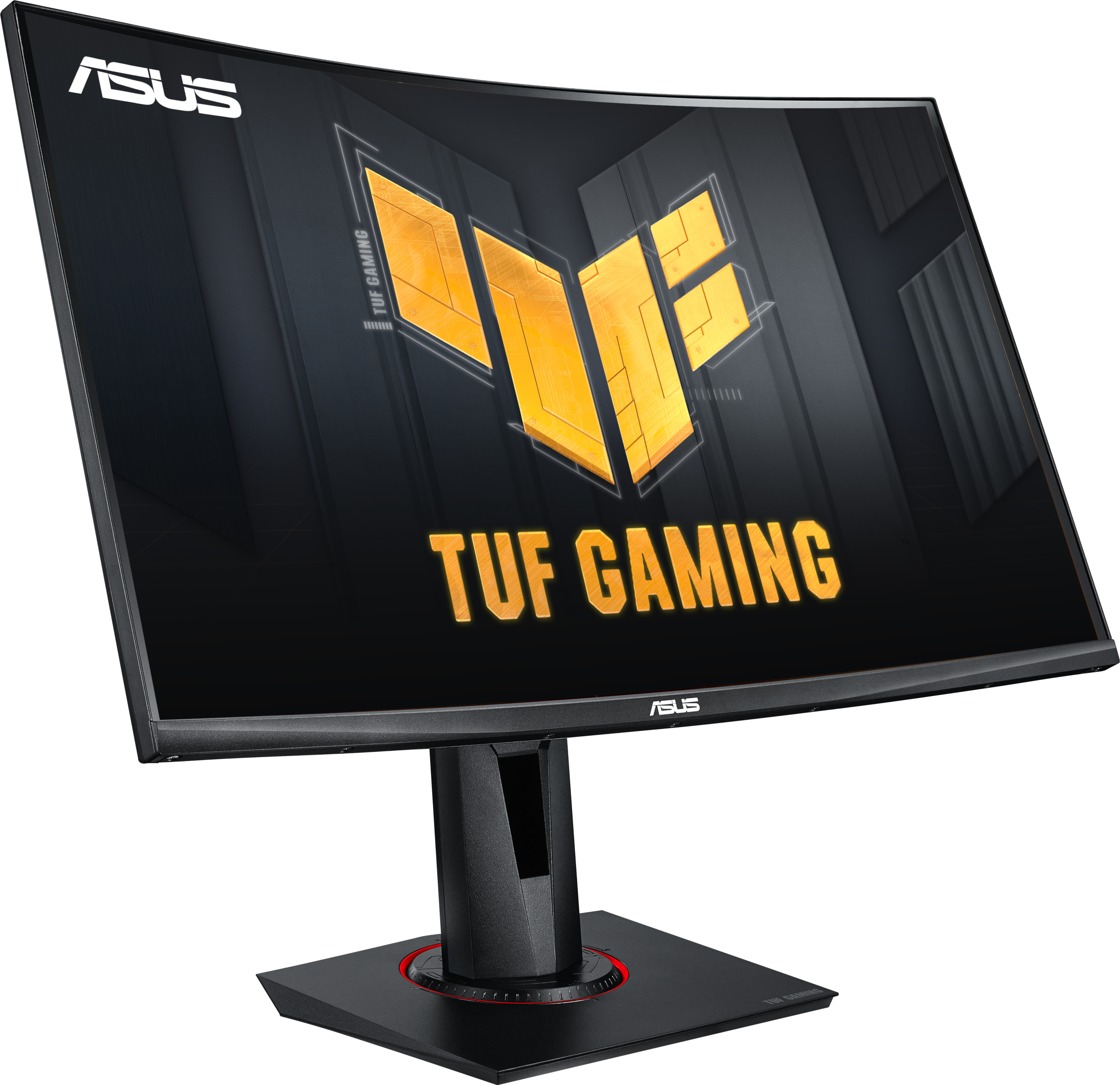 Gebogener schwarzer Gaming-Monitor mit Logo und schwarzem Ständer.