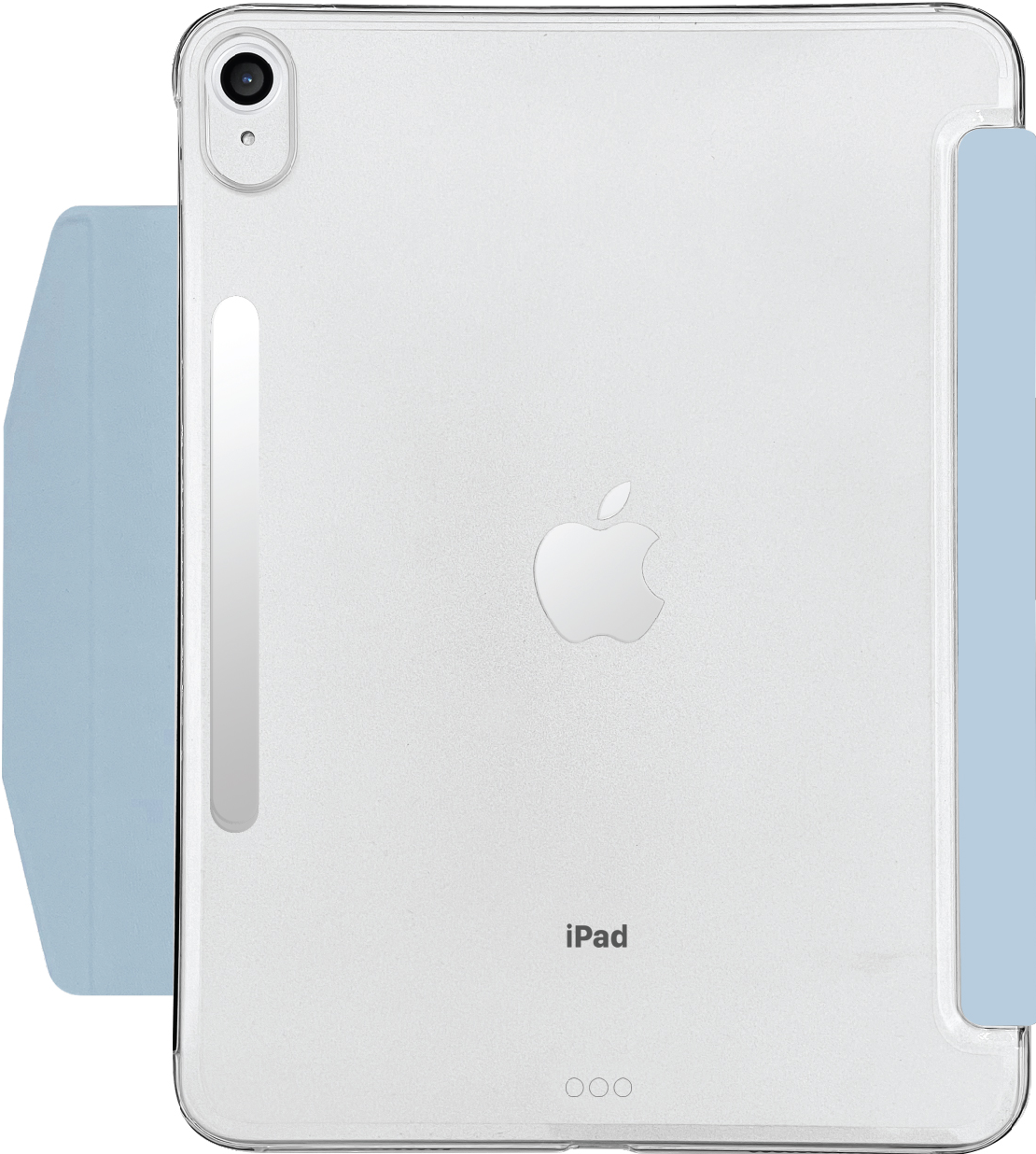 Rückansicht des iPads in einer transparenten Hülle und hellblauen Abdeckung.