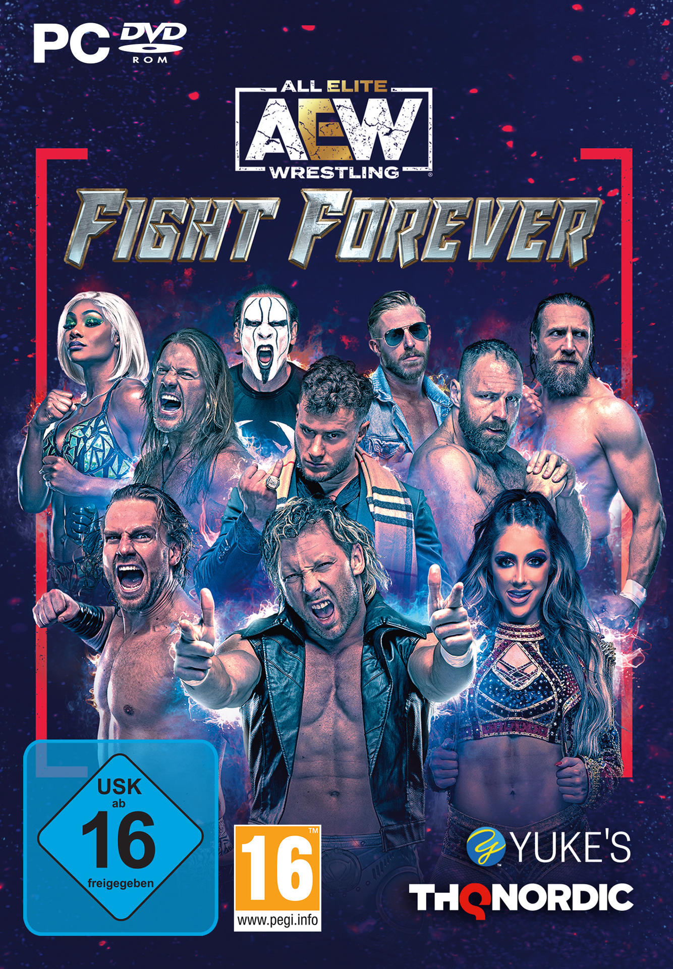 Spielcover für 'All Elite Wrestling: Fight Forever'. Wrestler sind mit Logos und Bewertungsinfos abgebildet.