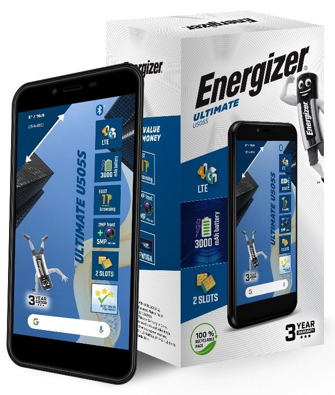 Téléphone et emballage Energizer, avec un personnage de dessin animé.