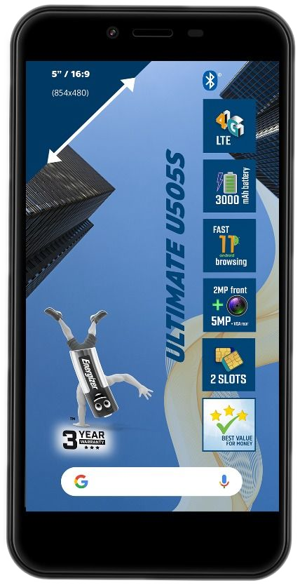 Smartphone avec fond bleu, affichant les caractéristiques et le design du téléphone.