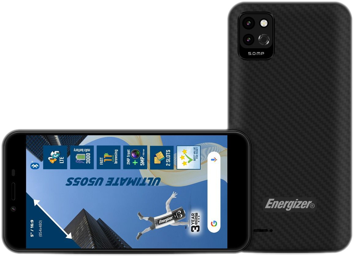 Téléphone Energizer noir avec vues avant et arrière. L'écran affiche des icônes d'applications.