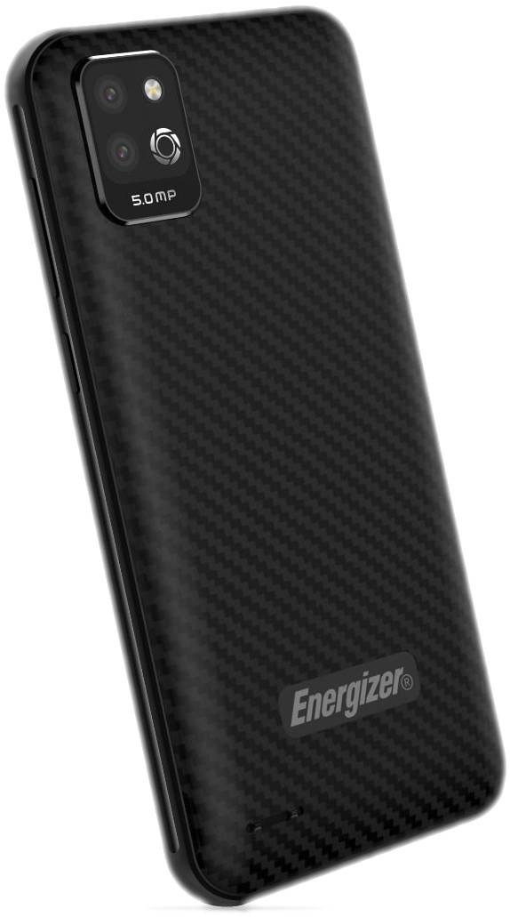 Téléphone Energizer noir. L'arrière du téléphone est visible avec une caméra et le logo Energizer.