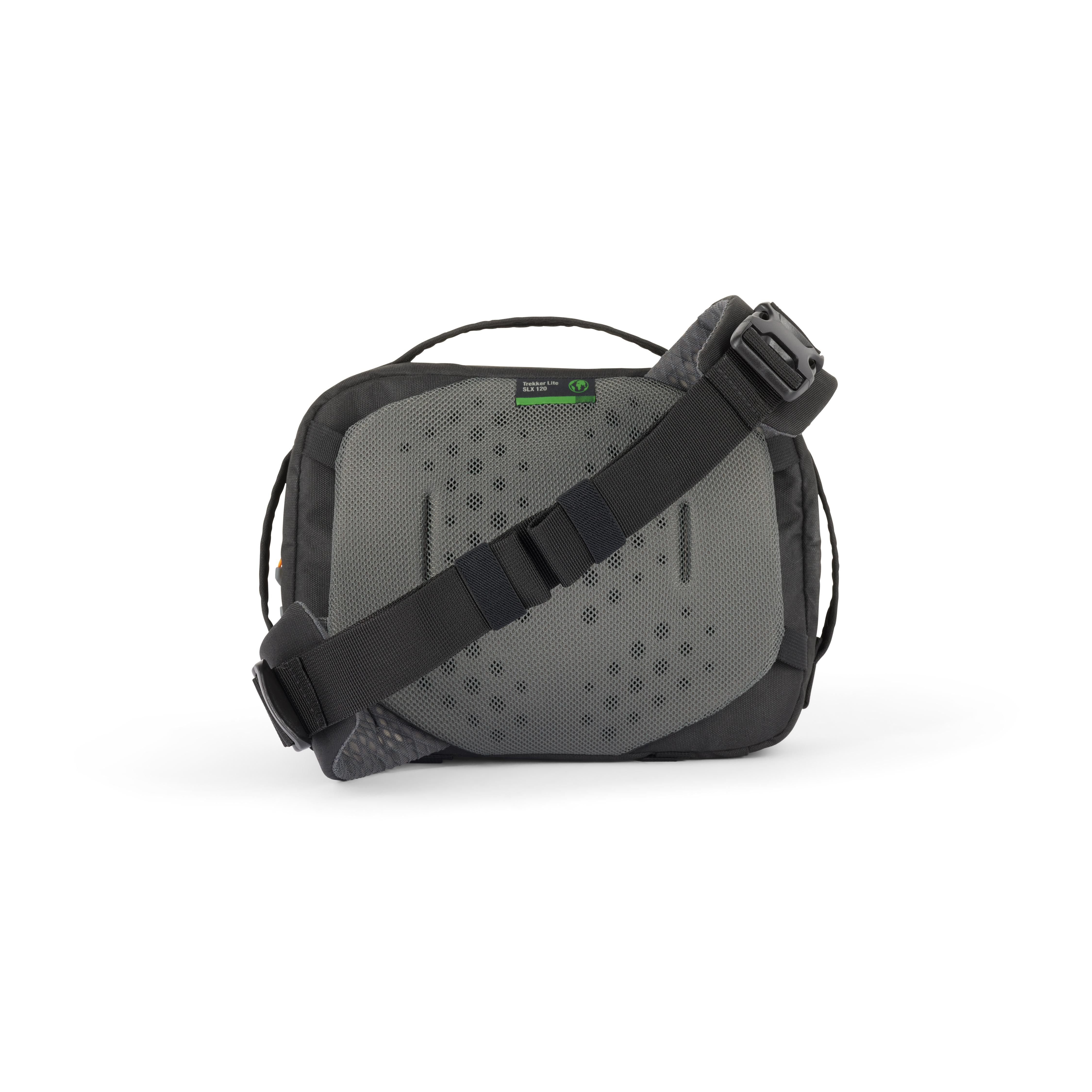 Rückseite einer schwarz-grauen Kameratasche mit Trageriemen und Griff. Die Tasche ist auf weißem Hintergrund.