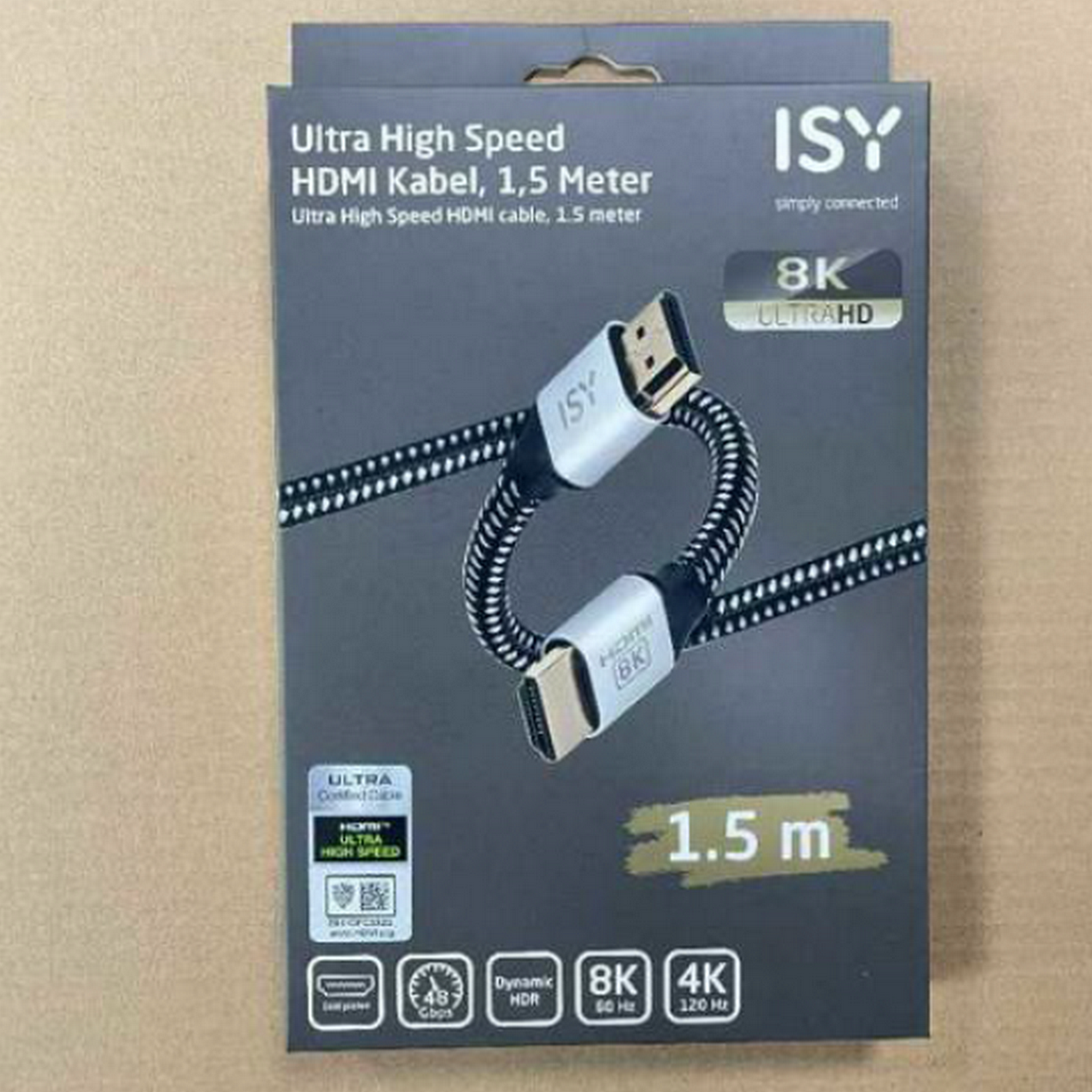 HDMI cable box, black with ISY and 8K Ultra HD branding.